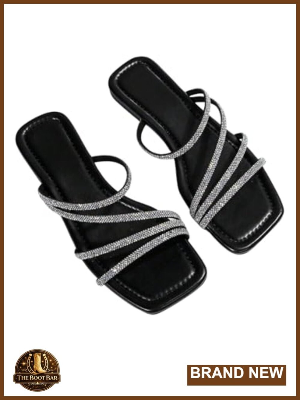 Rhinestone Flat Sandals Sparkly Strappy PU Leather Dressy Open Toe Slip On